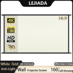 LEJIADA Projector Screen Wall Mounted 60-100 inch White Grid Anti-Light 16:9 160 ° Viewing Angle Screen for Indoor Outdoor Movie